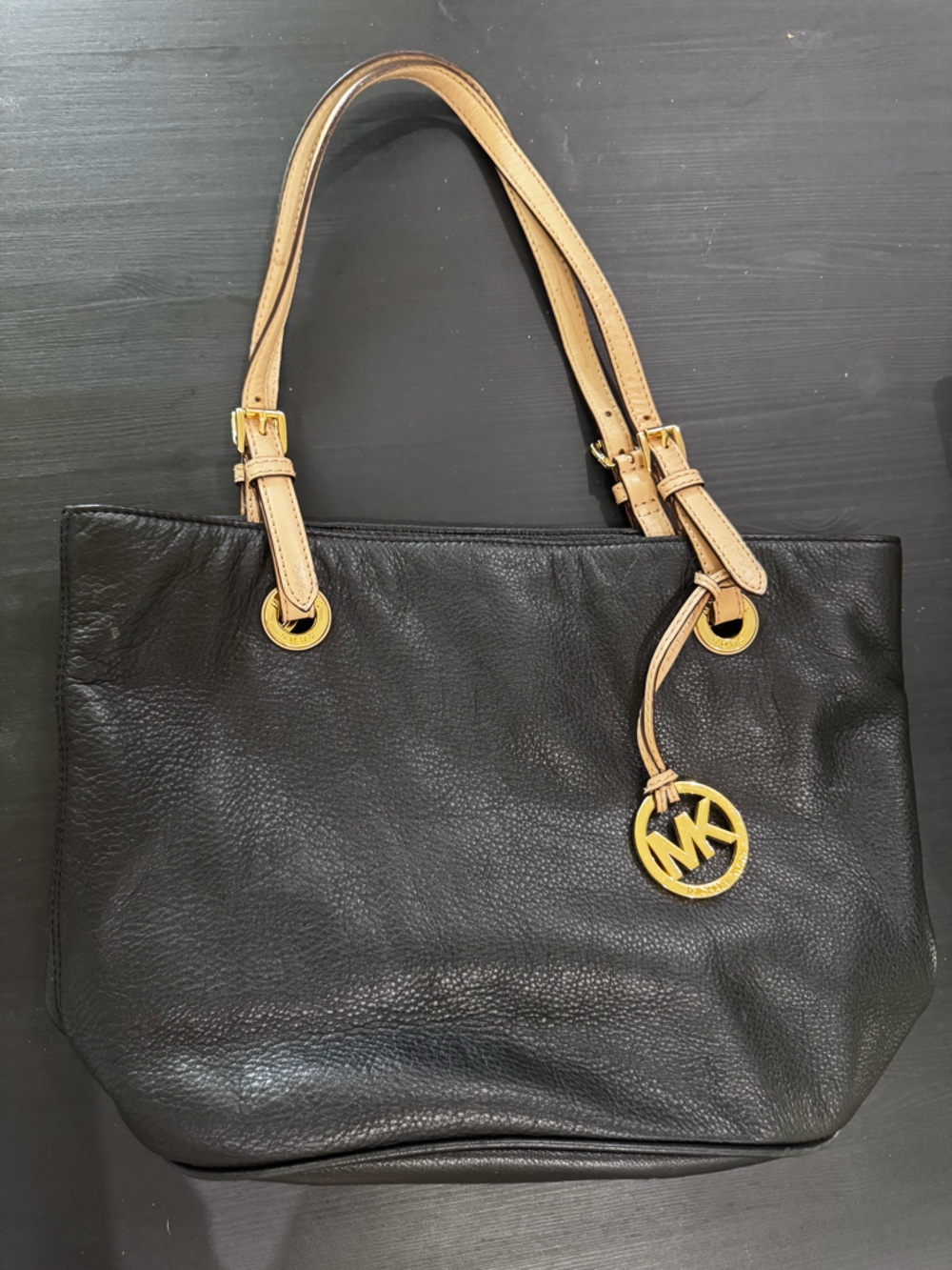 Michael Kors Black Pebbled Leather Shoulder Bag with Tan Straps